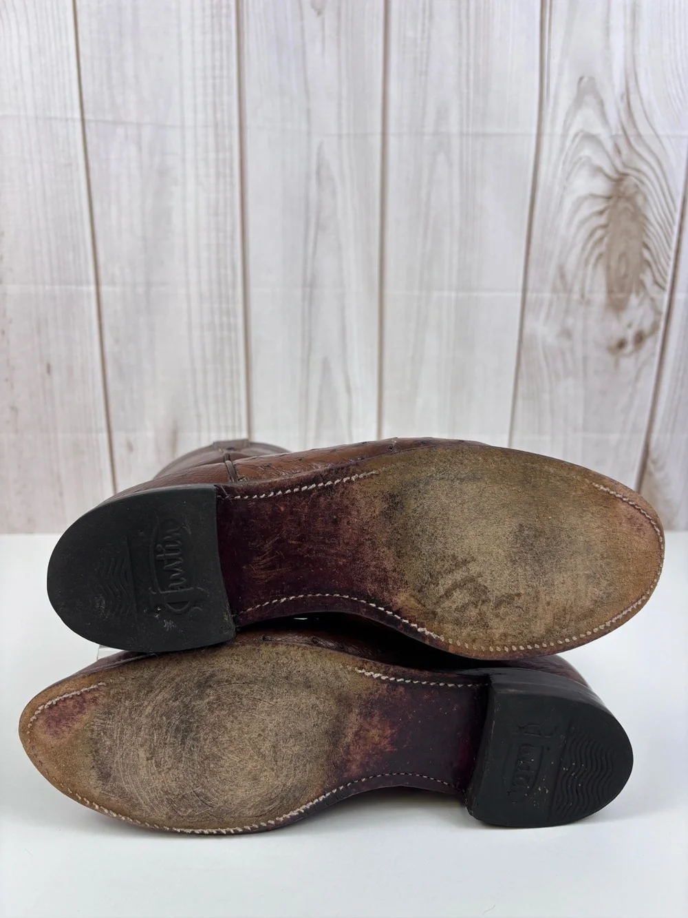 Vintage Justin Boots Smooth Quill Ostrich Leather Western Roper Cowboy Brown 9B - Picture 11 of 14